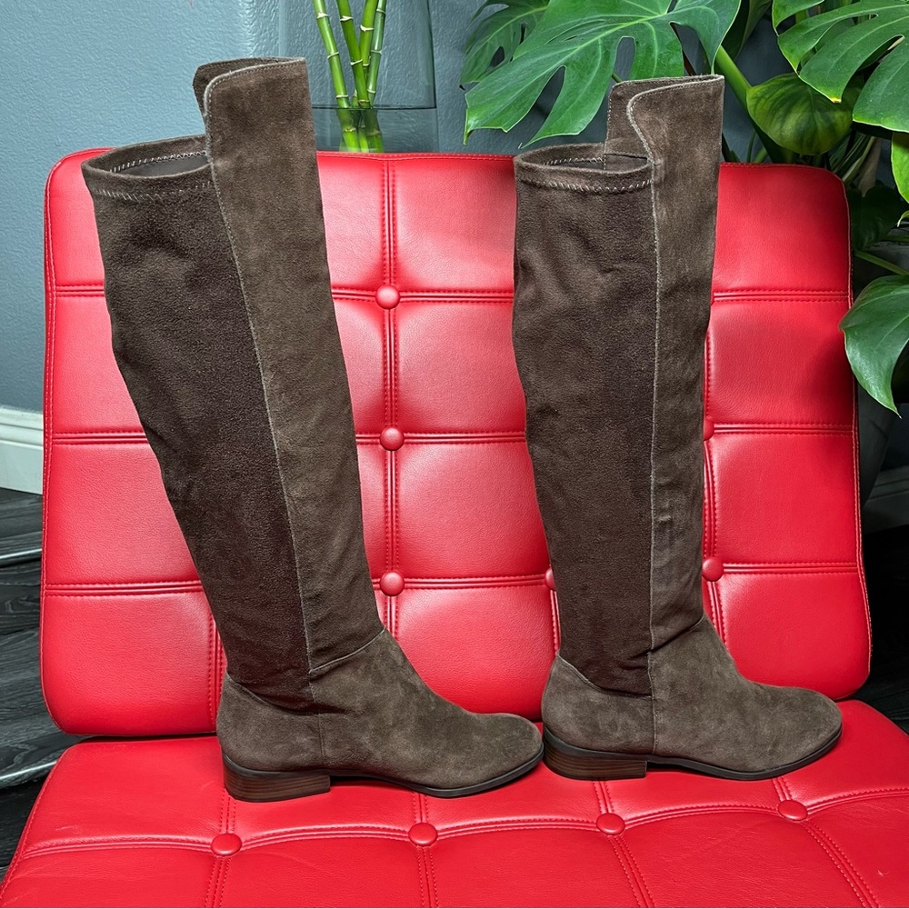 LUCKY BRAND Calypso Brown Suede OTK Boots Sz8.5 NWOB Stretch Panel StepShaft Top - Picture 11 of 14